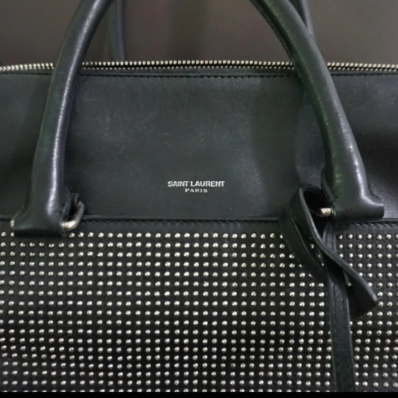 Yves Saint Laurent YSL Black Studded Duffel 6 Shoulder Bag Purse Silver - Picture 5 of 16